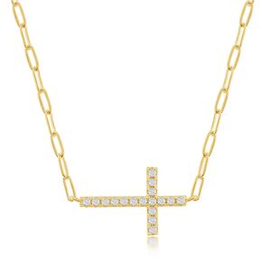Simona Sterling Silver CZ Sideways Cross Paperclip Necklace - Gold Plated - silver