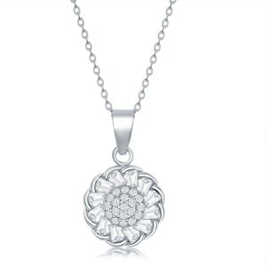 Simona Sterling Silver Micro Pave Center & Baguette CZ Border Flower Design Necklace - silver