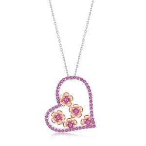 Simona Sterling Silver CZ Ruby Heart and Flowers Necklace - Rose Gold Plated - pink