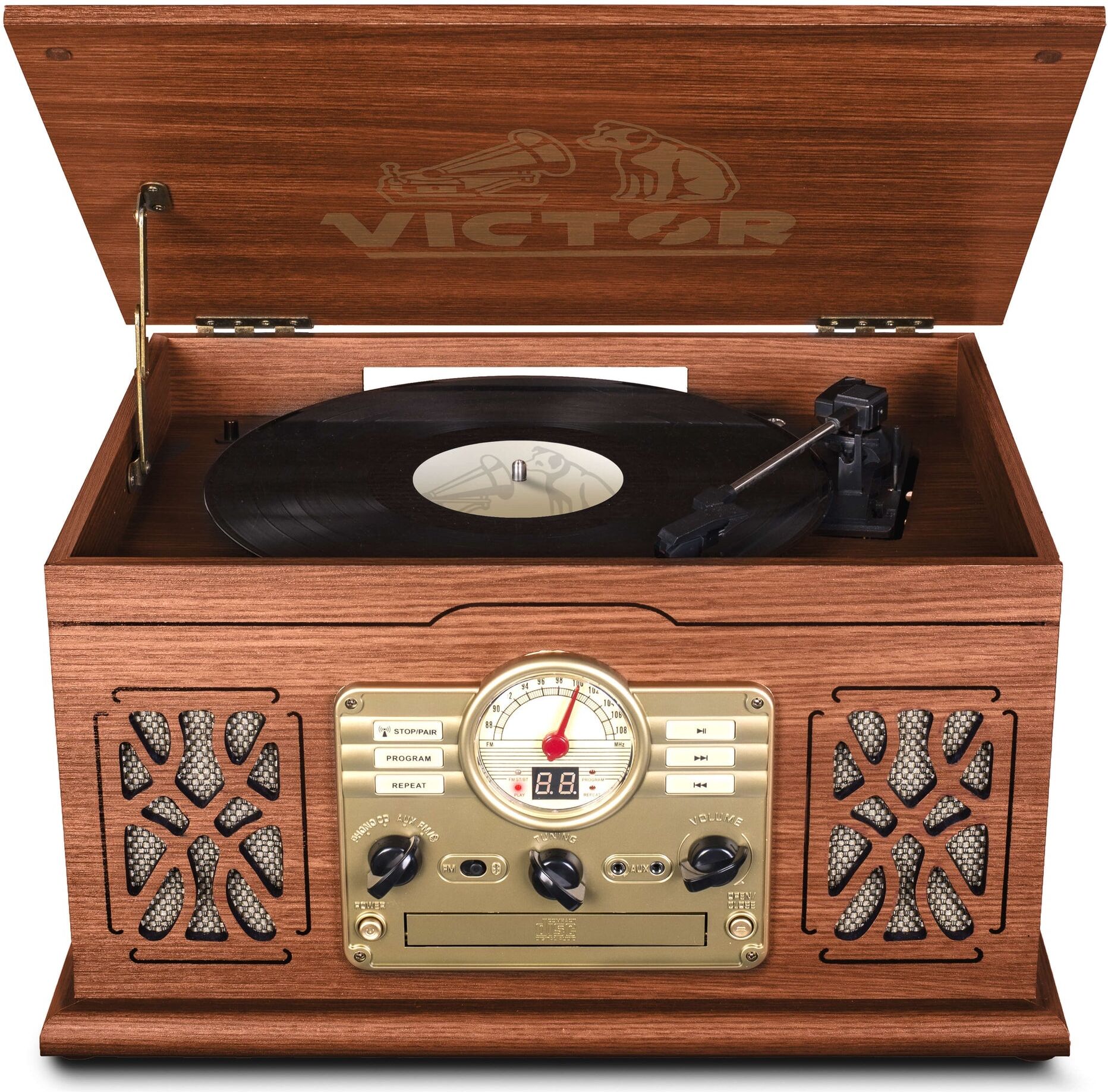 Victor Audio Victor State 7-in-1 Wood Music Center with 3-Speed Turntable & Dual Bluetooth