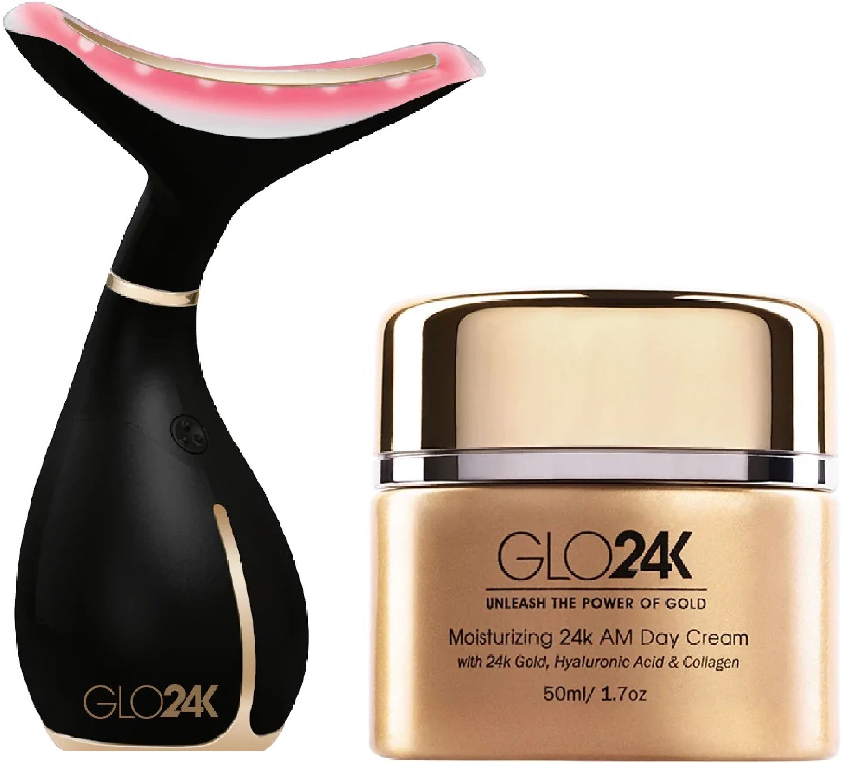 GLO24K Neck & Face LED Beauty Massager + 24k Moisturizing Day Cream. The Ultimate Duo for Neck Care. 1.7 oz