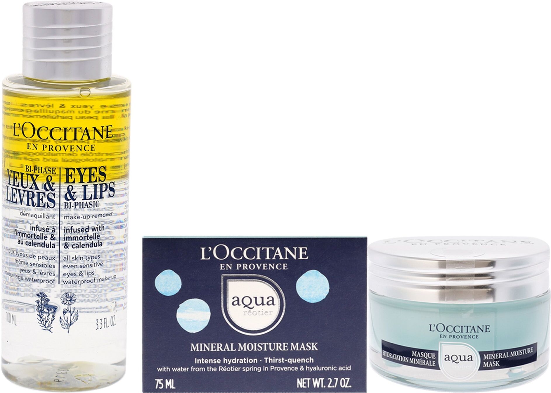 Eyes and Lips Bi-Phasic and Aqua Reotier Mineral Moisture Mask Kit by LOccitane for Unisex - 2 Pc Kit 3.3oz Makeup Remover, 2.7oz Mask One Size unisex