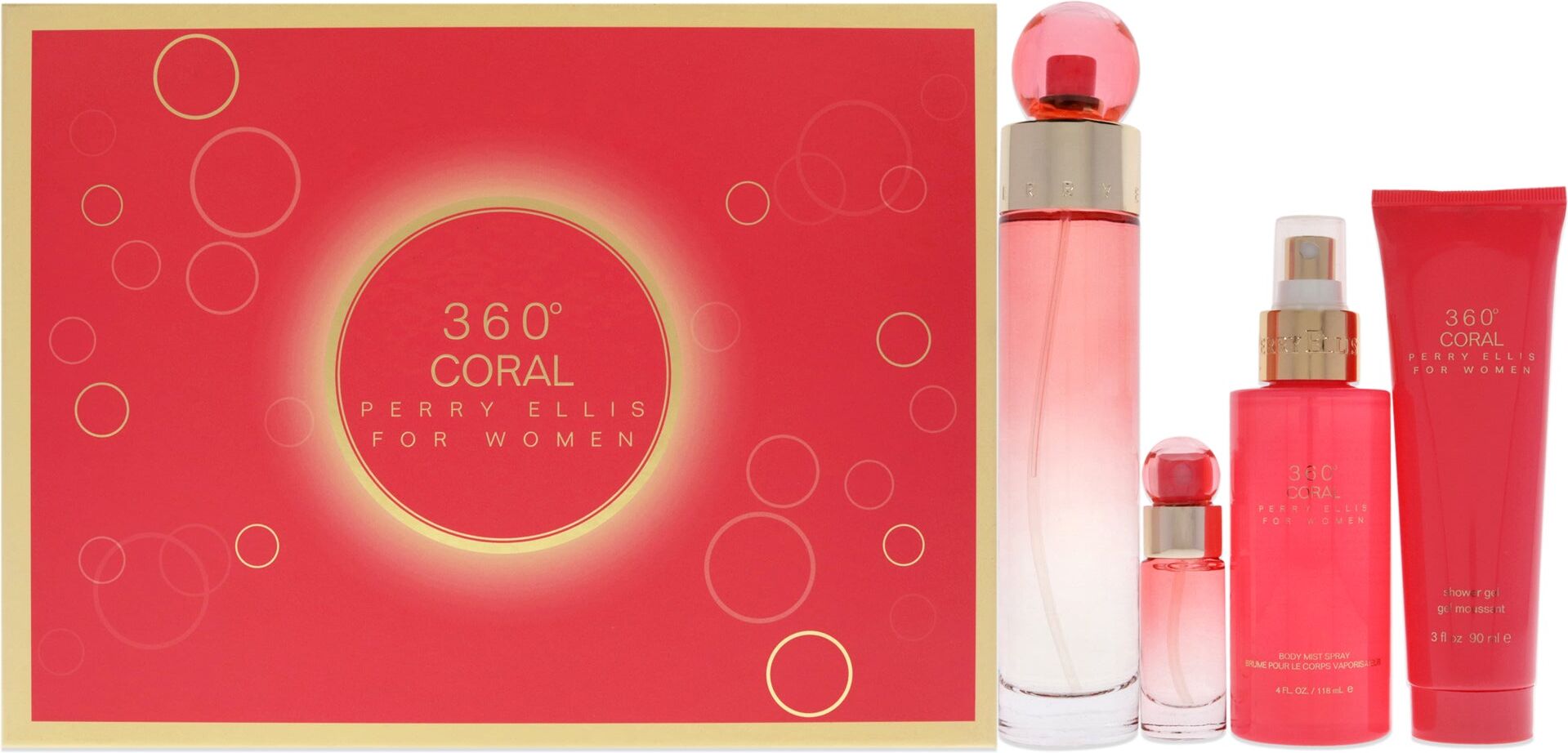 360 Coral by Perry Ellis for Women - 4 Pc Gift Set 3.4oz EDP Spray, 4oz Body Mist, 3oz Shower Gel, 0.25oz EDP Spray One Size female