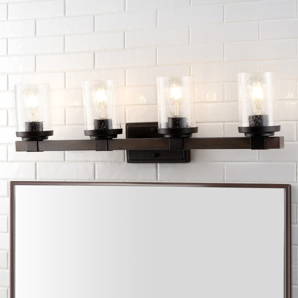 JONATHAN Y Bungalow 32" 4-Light Iron/Seeded Glass Rustic Farmhouse LED Vanity Light - brown