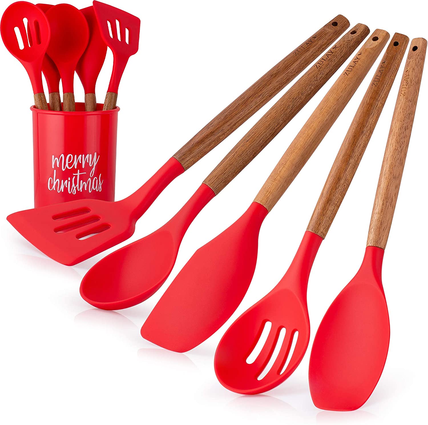Zulay Kitchen Non-Stick Silicone Utensils Set (5-Piece) with Authentic Acacia Wood Handles & Utensil Holder