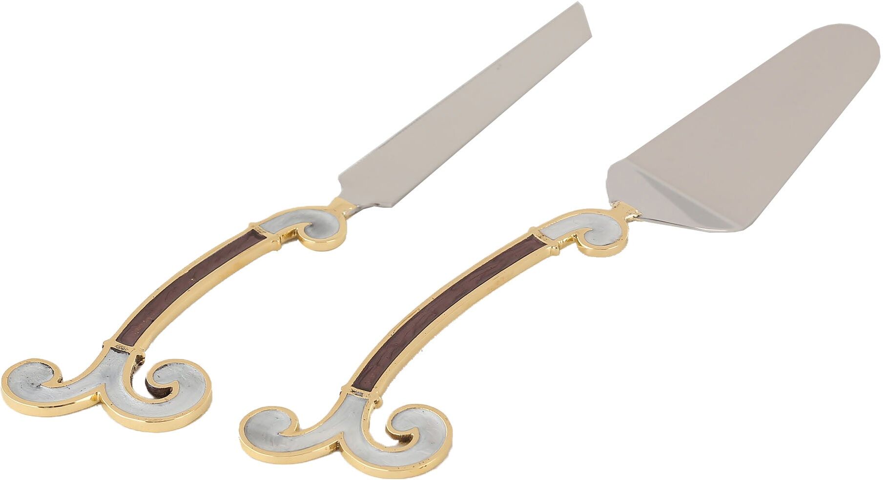 Classic Touch Decor MES502-BR-WH Cake Server and Knife Set Enamel Finish Brown-White