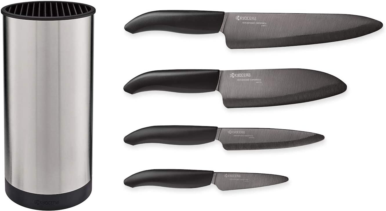 Kyocera Universal Black Blade Ceramic Knife Block Set, Stainless Block