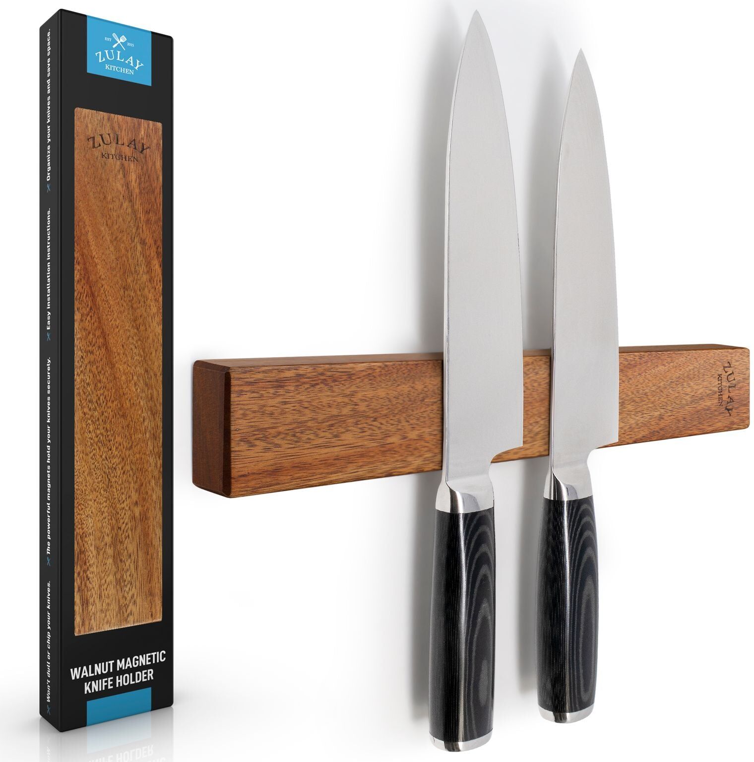 Zulay Kitchen 12inch Seamless Acacia Wood Magnetic Knife Holder