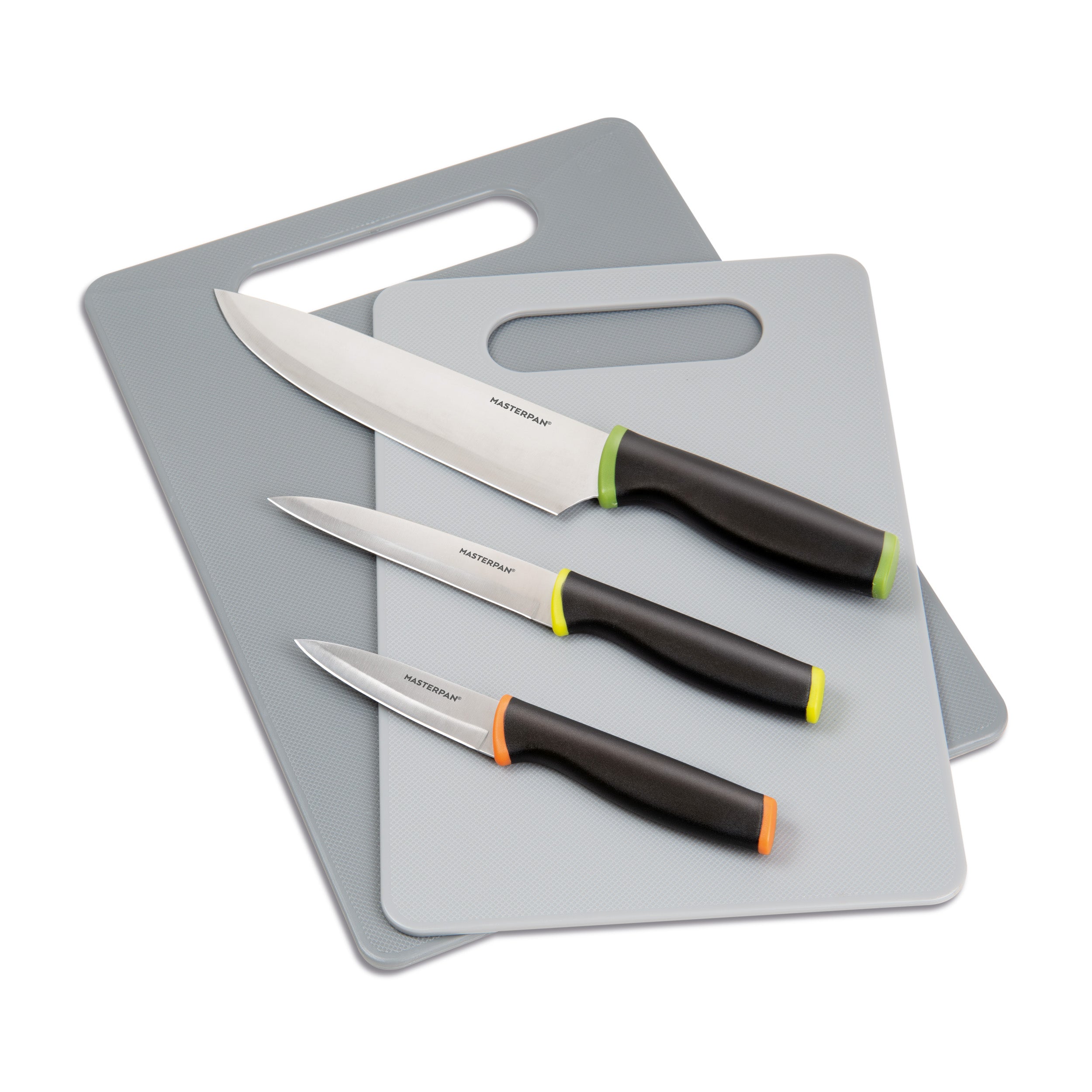 MasterPan Knife Set With Plastic Cutting Boards & Protective Blade Covers, Stainless Steel Blade And Non-Slip Handle - multi