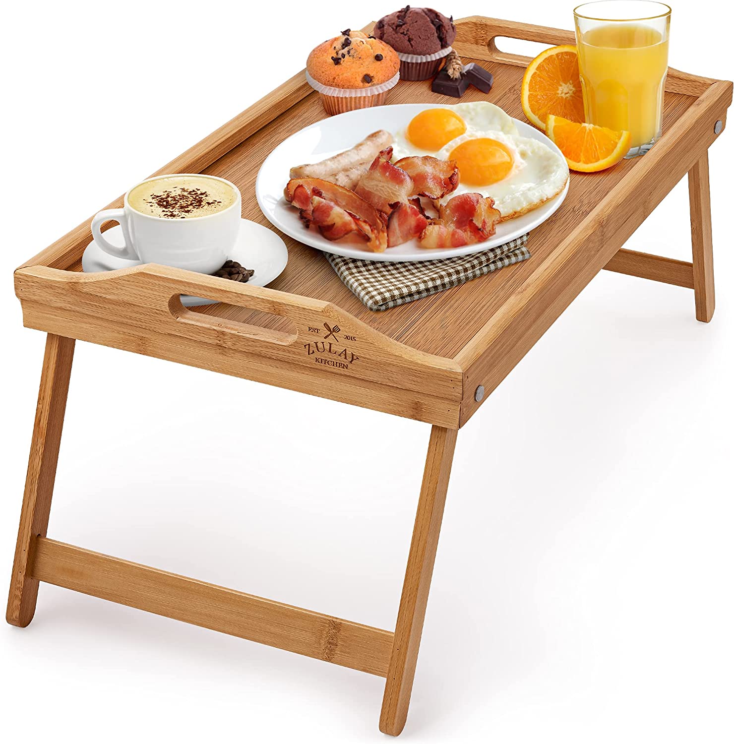 Zulay Kitchen Bamboo Breakfast in Bed Tray Table with Folding Legs and Handles