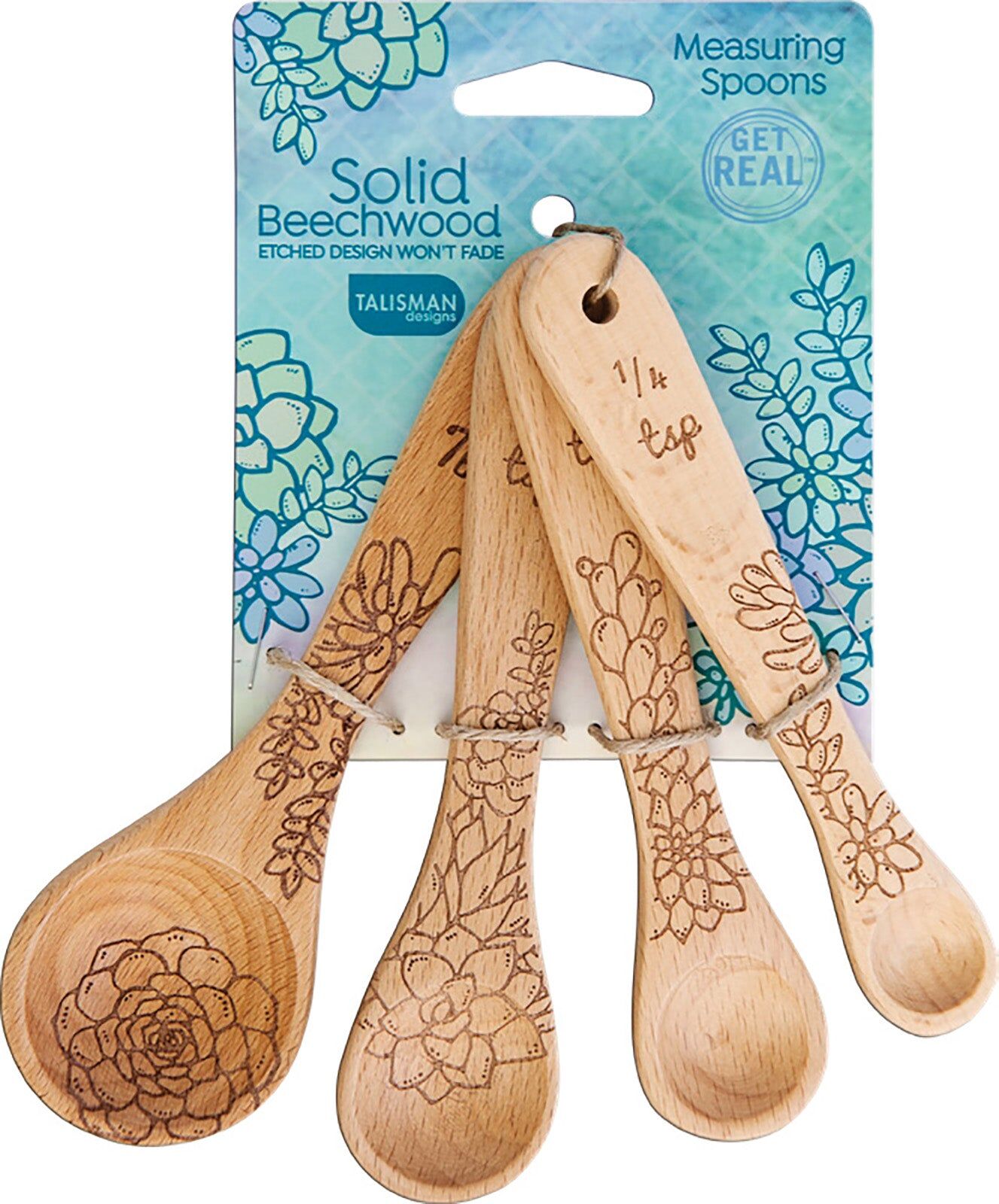 Talisman Designs Laser Etched Honey Bee Beechwood Measuring Spoons, Succulent Collection, Set of 4