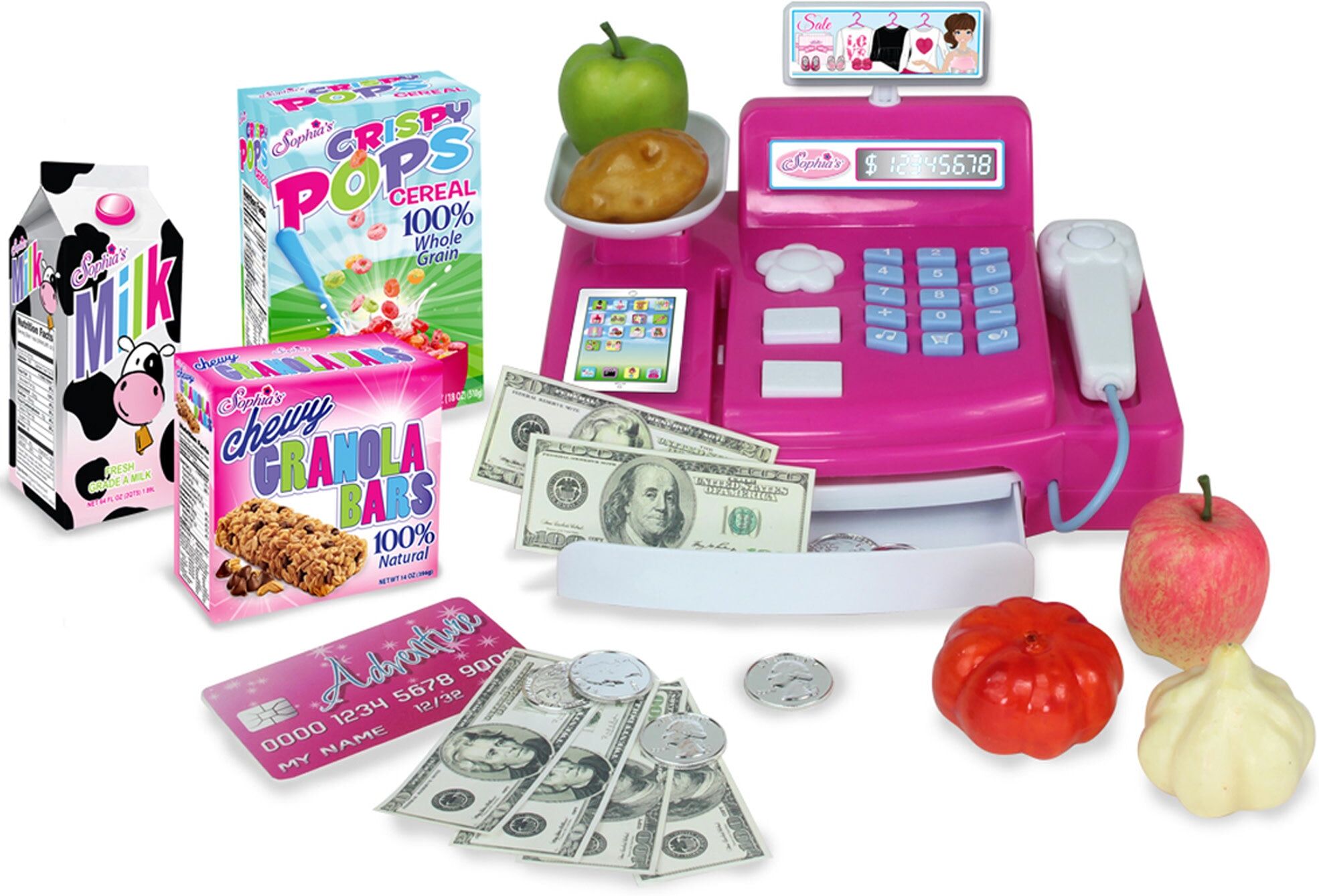 Teamson Sophia's Cash Register, Grocery Food, and Money Play Set for 18" Dolls, Hot Pink