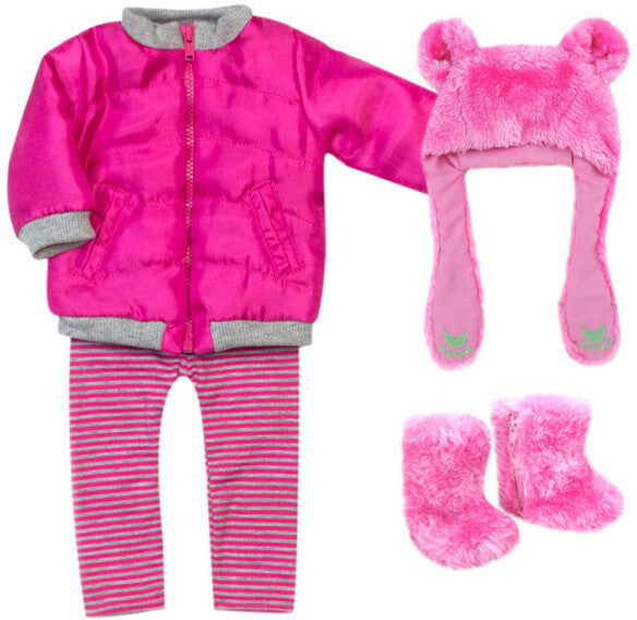 Teamson Sophia's 4 Piece Winter Outfit with Bear faux fur Hat Set for 18'' Dolls, Hot Pink