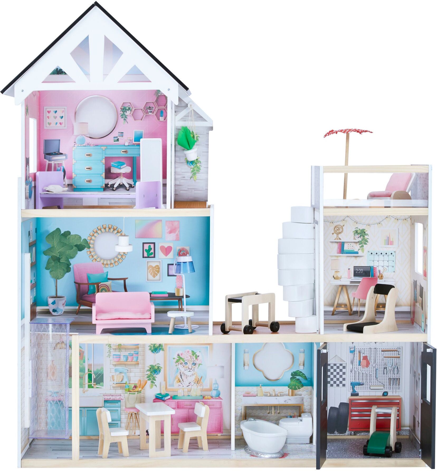 Teamson Kids 3-Story Furnished Dreamland Mansion Dollhouse with Garage, Terrace, Elevator, Spiral Staircase and Accessories