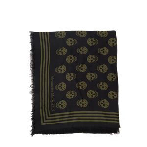 Alexander McQueen Black And Military Green Scarf With Skull And Logo Print In Modal Man - Black - male - Size: 0one size0