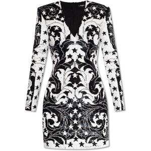 Balmain V-neck Sequin Embellished Mini Dress - BLACK/WHITE - female - Size: 36