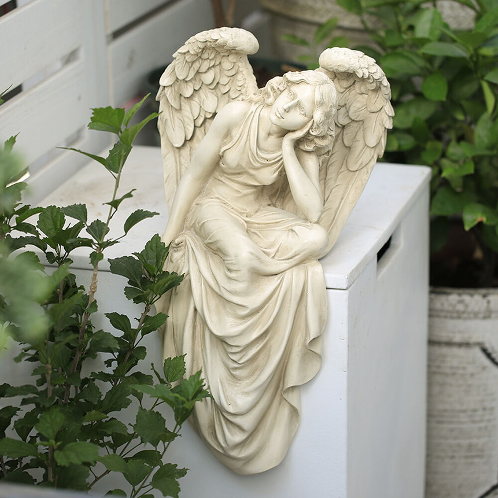 Homary 18.1" Resting Grace Sitting Angel Garden Statue Outdoor Decor Resin Sculpture Art Beige