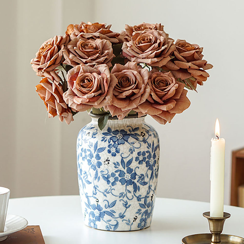 Homary Vintage Pink Rose Artificial Flowers in Vase Set Blue and White Porcelain Vase