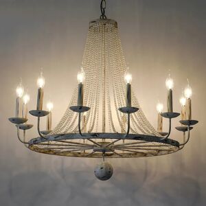 Homary Pena French Country Candle-Shaped 12-Light Crystal Bead Strands Metal Wheel Chandelier