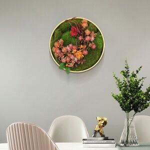 Homary 3D Round Preserved Moss Flower Wall Art Hanging Rainbow Floral Decor with Wood Frame