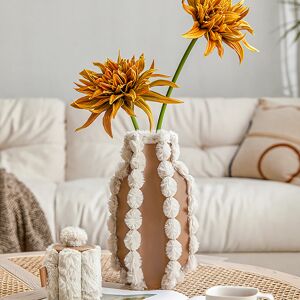 Homary Modern Brown Geometric Artificial Leather Flower Vase Decor Art with White Fluffy Balls