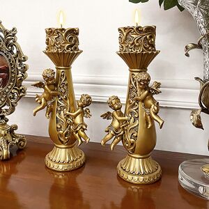 Homary Set of 2 Gold Candle Holder Angels Statue Decoration Resin Pillar Candelabra Homary Set of 2 Gold Candle Holder Angels Statue Decoration Resin Pillar Candelabra