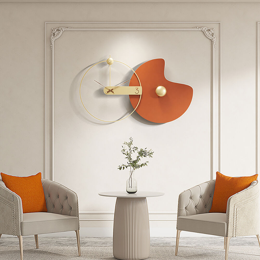 Homary Modern Large Wall Clock Round Metal Oversized Decorative Wall Clocks in Orange & Gold