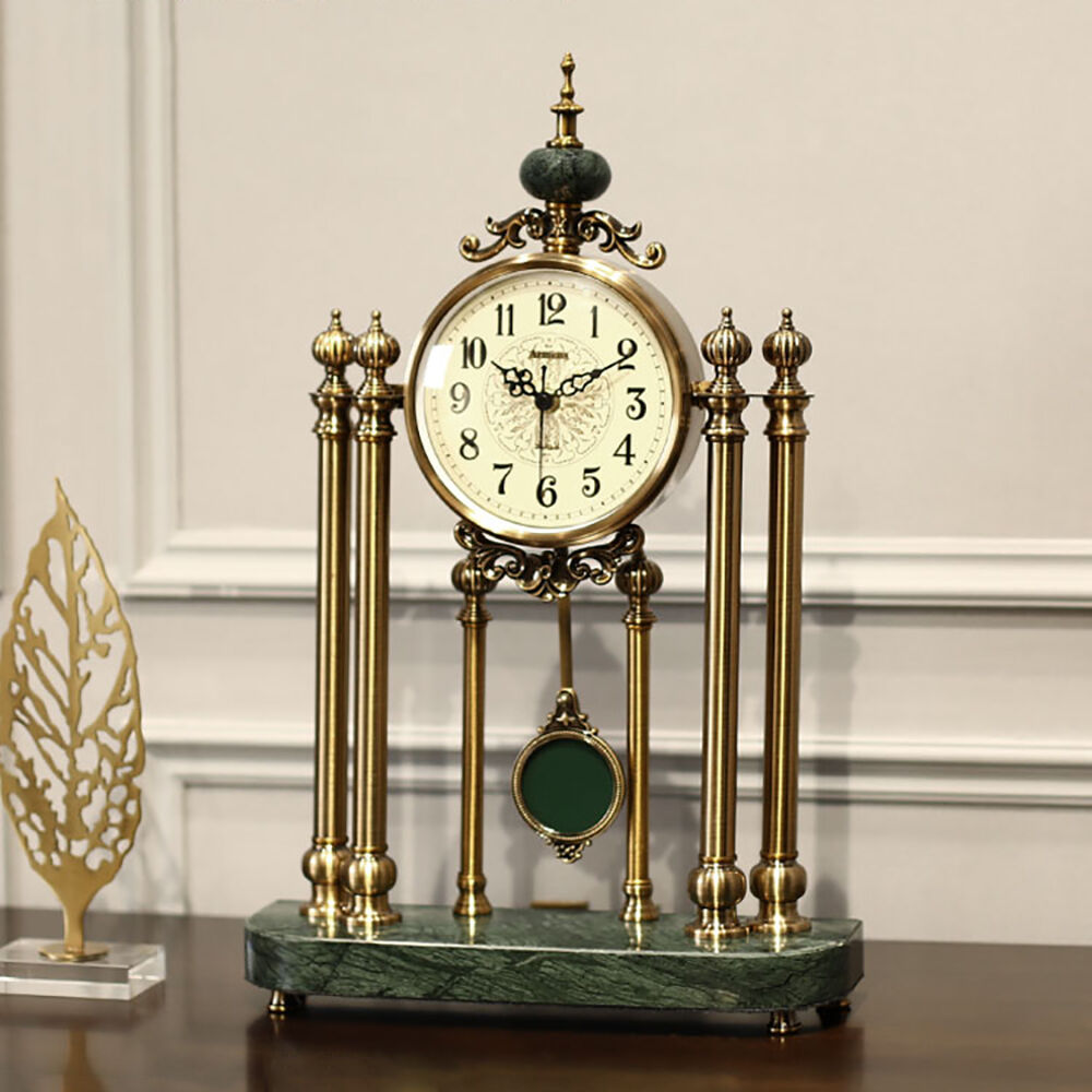 Homary Traditional Metal Bronze Round Mantel & Table Top Clock with Pendulum Green Marble Base