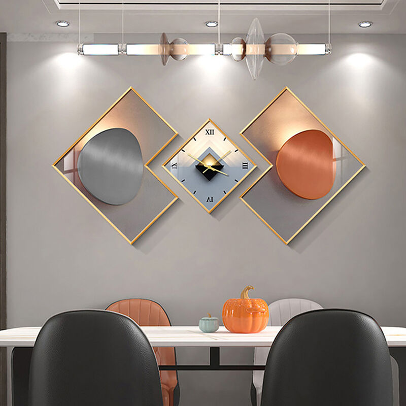 Homary 3Pcs Modern Geometric Wall Clock Decor Set Canvas Painting Wall Clocks with Gold Frame