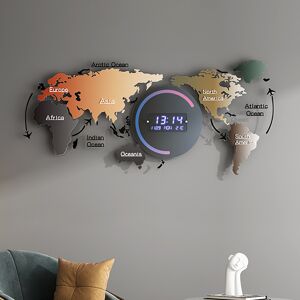 Homary Modern Large Multifunctional World Map Wall Clock Decor With LED Digital Display Screen