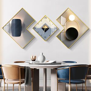 Homary 3Pcs Modern Geometric Wall Clock Decor Set Canvas Painting Wall Clocks with Gold Frame