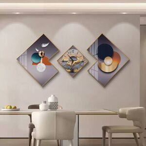 Homary 3Pcs Modern Geometric Wall Clock Decor Set Canvas Painting Wall Clocks with Gold Frame