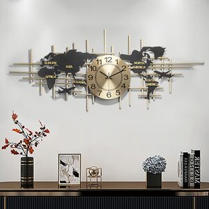 Homary 38" Modern Metal Large Map Wall Clock Decor Creative Silent Clocks Art for Living Room