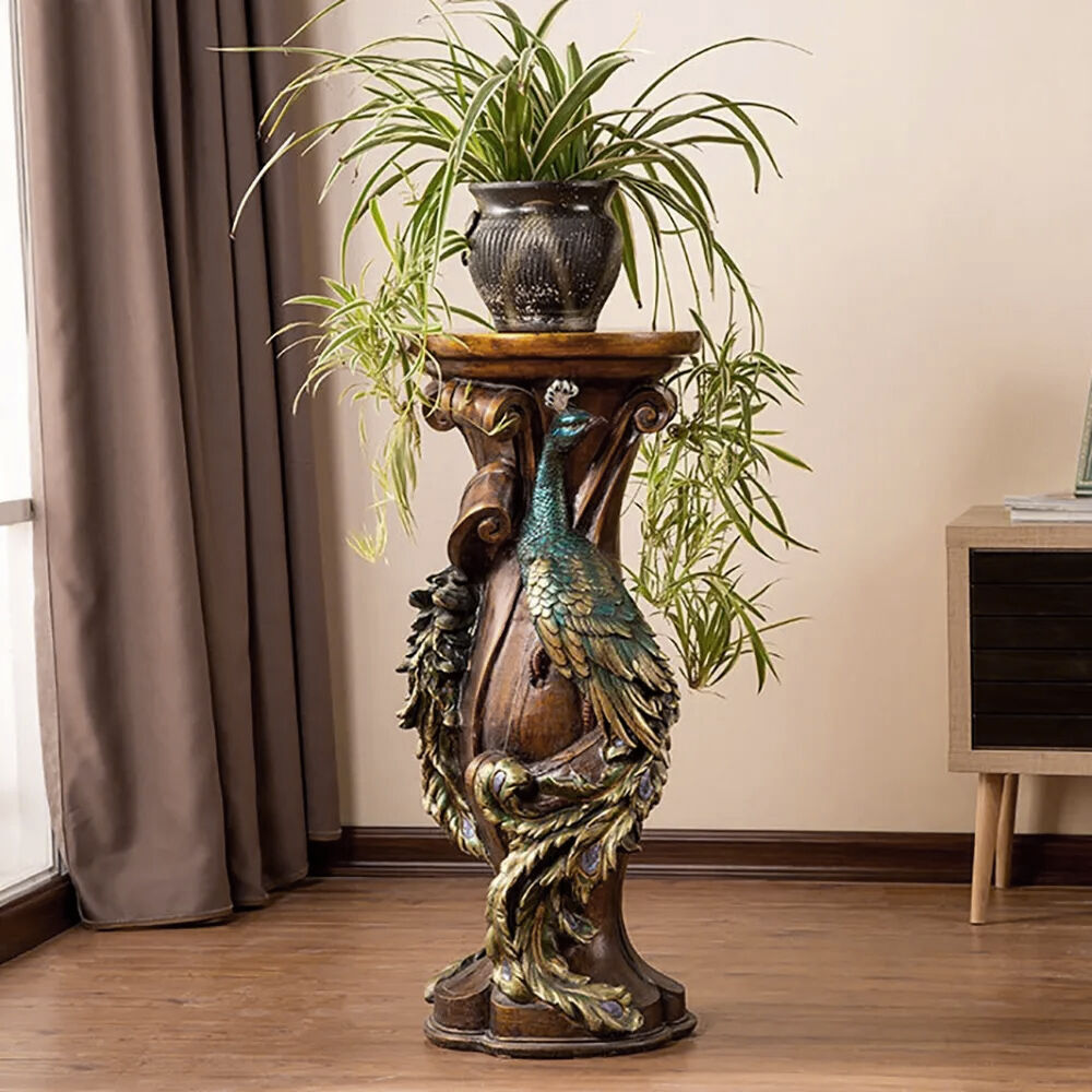 Homary 32.5" Rustic Resin Peacock Plant Stand Indoor Multi-Colored Freestanding Planter