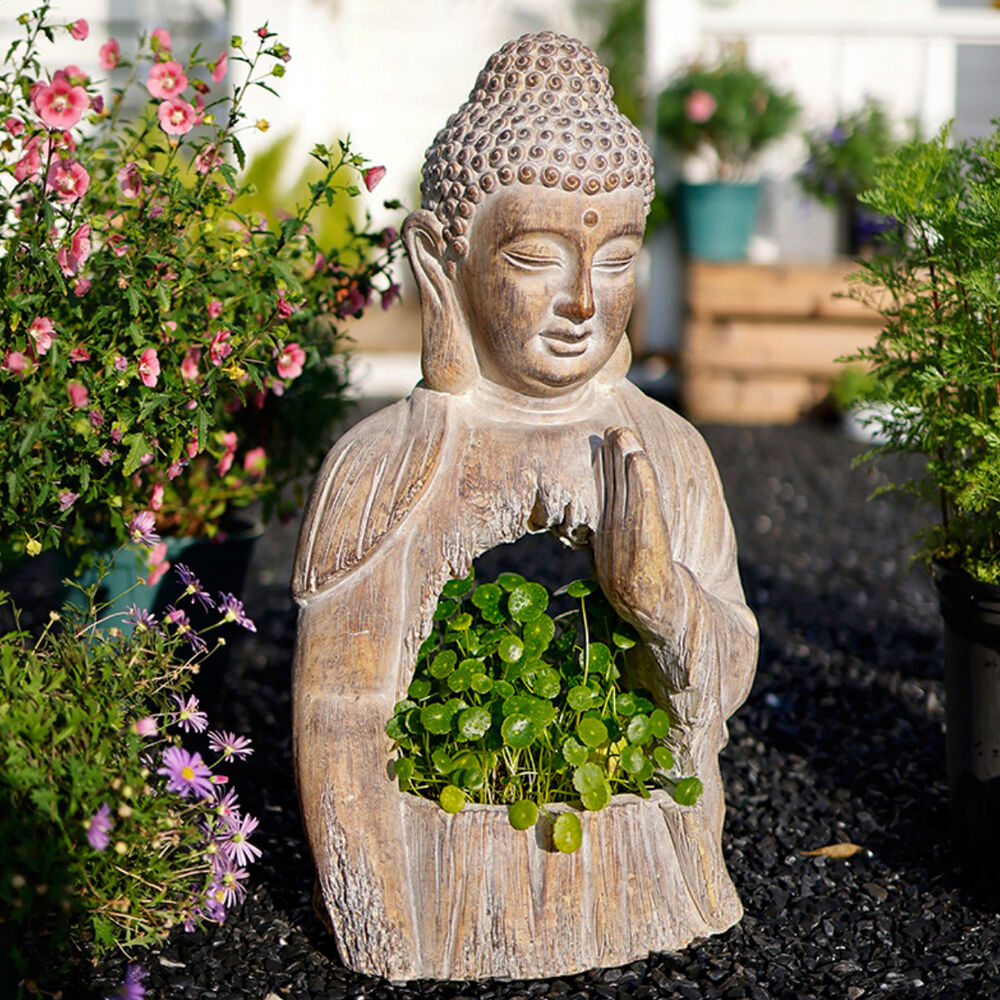 Homary 20.9" Garden Buddha Statue Outdoor Resin Sculpture Decor Art With Flower Pot Planter