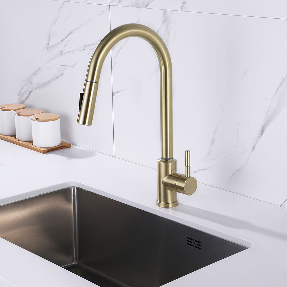 Homary Brushed Gold Touch Kitchen Faucet Stainless Steel Pull Out Spray Single Handle