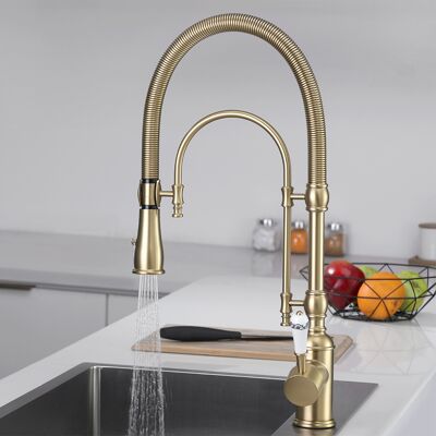 Homary Brushed Gold High Arc Kitchen Faucet Dual-Mode Pull-Down Sprayer Solid Brass Porcelain Handle Kitchen Sink Faucet Homary Brushed Gold High Arc Kitchen Faucet Dual-Mode Pull-Down Sprayer Solid Brass Porcelain Handle Kitchen Sink Faucet
