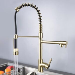 Homary Pull Out Double Spout Kitchen Faucet Brushed Gold Double Function Sprayer Solid Brass