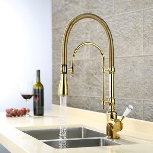 Homary Single Handle High Arc Dual-Mode Pull-Down Sprayer Kitchen Faucet Solid Brass with Porcelain Handle in Gold & Chrome