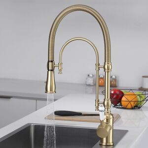 Homary Brushed Gold High Arc Kitchen Faucet Dual-Mode Pull-Down Sprayer Solid Brass Porcelain Handle Kitchen Sink Faucet