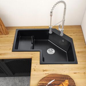 Homary 32" Modern Black Drop In Corner Kitchen Sink Single Bowl Quartz Irregular Left Sink