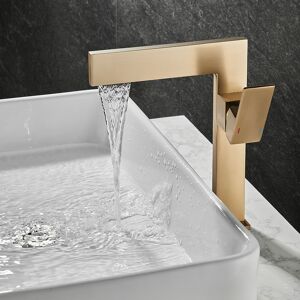 Homary Brushed Gold Ultra-Thin Single Handle Waterfall Bathroom Vessel Sink Faucet Solid Brass