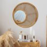 Homary 27.6" Boho Round Natural Wood & Rattan Wall Mirror Decor Art for Living Room Bedroom