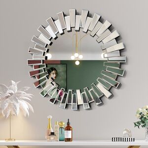 Homary 25.6" Modern Silver Round Sun Wall Mirror Decor Art with Geometric Frame Living Room