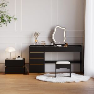 Homary Bedroom Nightstands & Vanity Desk Set 2 LED Black 2-Drawer Smart Nightstands & Black Makeup Vanity with LED Mirror Set