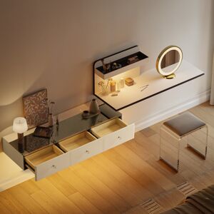 Homary Saddle Leather Floating Makeup Vanity with Tempered Glass Top & Mirror