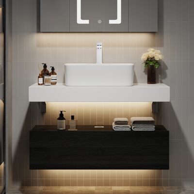 Homary 35.4" Floating Bathroom Vanity Set with Single Sink White and Black Modern Style Homary 35.4" Floating Bathroom Vanity Set with Single Sink White and Black Modern Style