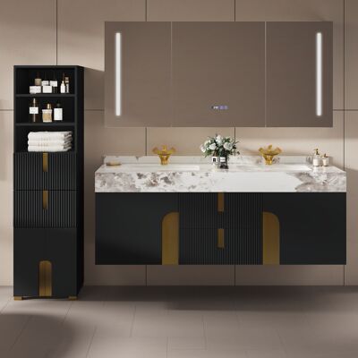 Homary Artis 59" Tall Bathroom Storage Cabinet & 60" Wall-Mounted Double Vanity Set Homary Artis 59" Tall Bathroom Storage Cabinet & 60" Wall-Mounted Double Vanity Set