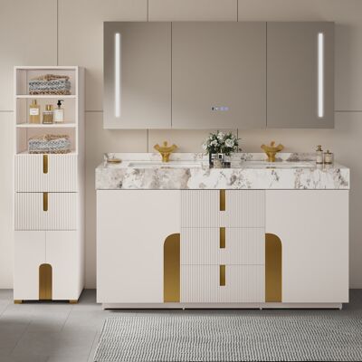 Homary Artis 59" Bathroom Storage Cabinet & 60" Double Vanity Set with Sintered Stone Top Homary Artis 59" Bathroom Storage Cabinet & 60" Double Vanity Set with Sintered Stone Top