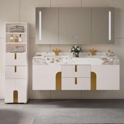 Homary Artis 59“ Tall Bathroom Storage Cabinet & 60” Wall-Mounted Double Vanity Set Homary Artis 59“ Tall Bathroom Storage Cabinet & 60” Wall-Mounted Double Vanity Set